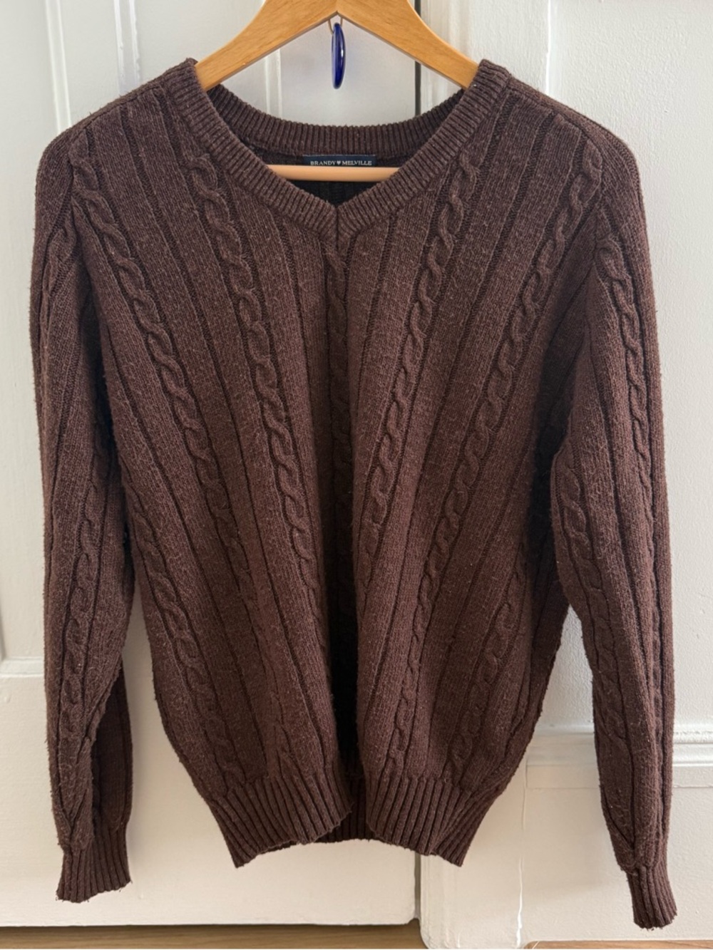 Brandy Melville Ida Brown Wool Blend Cable Knit V-Neck Oversized Sweater
